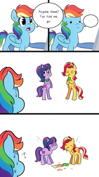 Size: 720x1280 | Tagged: safe, artist:little-tweenframes, derpibooru import, rainbow dash, sci-twi, sunset shimmer, twilight sparkle, pegasus, pony, unicorn, series:sciset diary, equestria girls, alternate cutie mark, awkward moment, bipedal, book, caught, deleted from derpibooru, dialogue, female, glasses, horses doing human things, juice, juice box, lesbian, mare, missing cutie mark, ponified, scitwishimmer, shipping, simple background, sunsetsparkle, trio, white background