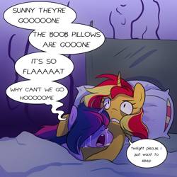 Size: 1000x1000 | Tagged: safe, artist:little-tweenframes, derpibooru import, sci-twi, sunset shimmer, twilight sparkle, pony, series:sciset diary, equestria girls, bags under eyes, bed, breast pillow, crying, deleted from derpibooru, dialogue, equestria girls ponified, female, lesbian, mare, ponified, scitwishimmer, shipping, speech bubble, sunsetsparkle