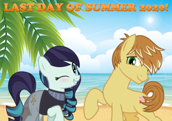 Size: 2064x1445 | Tagged: safe, anonymous artist, derpibooru import, coloratura, feather bangs, earth pony, beach, cloud, colorabangs, female, lyrics in the description, male, mare, ocean, one eye closed, palm tree, shipping, sky, smiling, stallion, straight, summer, sun, tree, tropical, wink, youtube link, youtube link in the description