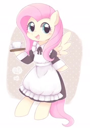 Size: 1453x2048 | Tagged: safe, artist:ginmaruxx, derpibooru import, fluttershy, pegasus, pony, semi-anthro, bipedal, blushing, clothes, coaster, cup, cute, dress, female, fluttermaid, looking at you, maid, mare, open mouth, shyabetes, solo, teacup