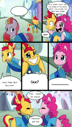 Size: 720x1280 | Tagged: safe, artist:little-tweenframes, derpibooru import, pinkie pie, sunset shimmer, oc, oc:honeycrisp blossom, earth pony, pony, comic:the wonder scouts, series:sciset diary, comic, deleted from derpibooru, female, filly, freckles, offspring, parent:big macintosh, parent:princess cadance, parents:cadmac