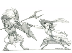 Size: 1400x1042 | Tagged: safe, artist:baron engel, derpibooru import, captain celaeno, anthro, my little pony: the movie, amputee, beauty mark, female, monochrome, pencil drawing, prosthetics, shield, spear, storm guard, sword, sword fight, traditional art, weapon