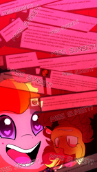 Size: 720x1280 | Tagged: safe, artist:little-tweenframes, derpibooru import, sunset shimmer, oc, oc:honeycrisp blossom, pony, comic:the wonder scouts, series:sciset diary, ask, comic, deleted from derpibooru, female, filly, heart eyes, offspring, parent:big macintosh, parent:princess cadance, parents:cadmac, tumblr, wingding eyes