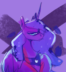 Size: 656x724 | Tagged: safe, artist:anticular, derpibooru import, princess luna, alicorn, pony, abstract background, female, frown, grumpy, limited palette, looking at you, mare, solo