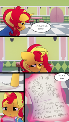 Size: 720x1280 | Tagged: safe, artist:little-tweenframes, derpibooru import, sunset shimmer, pony, unicorn, comic:the wonder scouts, series:sciset diary, comic, deleted from derpibooru, drawing, female, mare, paper, sad, solo