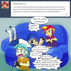 Size: 1300x1300 | Tagged: safe, artist:little-tweenframes, derpibooru import, brawly beats, flash sentry, sunset shimmer, series:sciset diary, equestria girls, alternate hairstyle, barefoot, deleted from derpibooru, feet, just friends, pixie cut, speech bubble, tumblr, younger