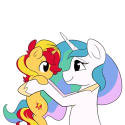 Size: 1300x1300 | Tagged: dead source, source needed, safe, artist:little-tweenframes, derpibooru import, princess celestia, sunset shimmer, alicorn, pony, unicorn, cute, cutelestia, deleted from derpibooru, female, filly, filly sunset shimmer, holding a pony, looking at each other, mare, momlestia, shimmerbetes, simple background, smiling, younger