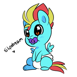 Size: 500x500 | Tagged: safe, artist:little-tweenframes, derpibooru import, oc, oc only, oc:slipstream, pony, baby, baby pony, cute, deleted from derpibooru, diaper, hnnng, magical lesbian spawn, next generation, ocbetes, pacifier, parent:lightning dust, parent:rainbow dash, parents:rainbowdust, solo