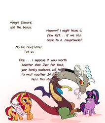 Size: 1280x1500 | Tagged: safe, artist:little-tweenframes, derpibooru import, discord, sci-twi, sunset shimmer, twilight sparkle, draconequus, pony, unicorn, series:sciset diary, deleted from derpibooru, female, lesbian, mare, ponified, pregnant, scitwishimmer, shipping, simple background, smiling, sunsetsparkle