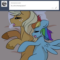 Size: 1300x1300 | Tagged: safe, artist:little-tweenframes, derpibooru import, applejack, rainbow dash, earth pony, pegasus, pony, series:cloudsdale symphony, appledash, cuddling, deleted from derpibooru, female, lesbian, mare, shipping, size difference, sleeping, smoldash, spooning, tumblr