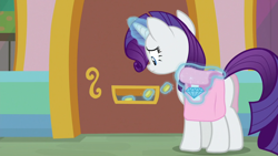 Size: 1920x1080 | Tagged: safe, derpibooru import, screencap, rarity, pony, unicorn, the ending of the end, bag, bits, mail slot, saddle bag, solo