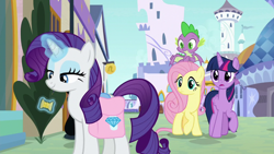 Size: 1920x1080 | Tagged: safe, derpibooru import, screencap, fluttershy, rarity, spike, twilight sparkle, twilight sparkle (alicorn), alicorn, dragon, pegasus, pony, unicorn, the ending of the end, bag, saddle bag, thread, winged spike