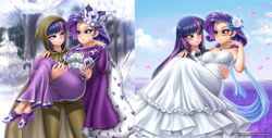 Size: 2377x1204 | Tagged: safe, artist:racoonsan, derpibooru import, clover the clever, princess platinum, rarity, twilight sparkle, human, alternate hairstyle, blushing, bowtie, breasts, bridal carry, cape, carrying, clothes, coat, crown, dress, ear piercing, earring, eyeshadow, female, flower, flower in hair, high heels, hood, humanized, jewelry, lesbian, makeup, marriage, nail polish, necklace, piercing, rarilight, regalia, robe, rope, rose petals, shipping, shirt, shoes, snow, suit, tree, tuxedo, wedding, wedding dress