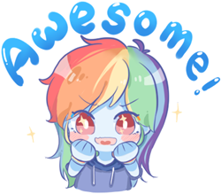 Size: 351x307 | Tagged: safe, artist:rino11828834, derpibooru import, rainbow dash, equestria girls, awesome, blush sticker, blushing, clothes, cute, dashabetes, eye sparkles, female, hoodie, open mouth, simple background, solo, transparent background, wingding eyes