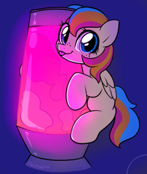 Size: 612x724 | Tagged: safe, artist:moozua, derpibooru import, oc, oc:golden gates, lava lamp, looking at you, silly, simple background, solo, tongue out