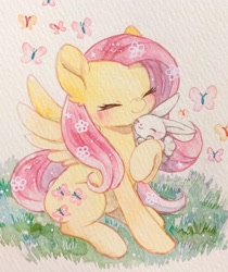 Size: 1718x2048 | Tagged: safe, artist:kemari12011, derpibooru import, angel bunny, fluttershy, butterfly, pegasus, pony, angelbetes, blushing, cute, duo, ear fluff, eyes closed, female, hug, mare, shyabetes, sitting, smiling, traditional art, watercolor painting, weapons-grade cute