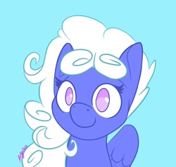 Size: 1261x1195 | Tagged: safe, artist:inkynotebook, derpibooru import, part of a set, oc, oc only, pegasus, pony, blue background, bust, commission, pegasus oc, signature, simple background, smiling, solo, wings, ych result