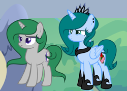 Size: 2725x1953 | Tagged: safe, artist:lominicinfinity, derpibooru import, oc, oc only, oc:infinity mi rosalinda, oc:kani sparks, alicorn, pony, unicorn, crown, female, jewelry, mare, regalia