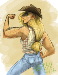 Size: 594x768 | Tagged: safe, alternate version, artist:korppipoika, derpibooru import, applejack, human, clothes, colored, female, flexing, freckles, hat, humanized, pants, signature, smiling, solo