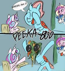 Size: 2403x2631 | Tagged: safe, artist:skunkstripe, derpibooru import, ocellus, princess cadance, princess flurry heart, shining armor, alicorn, changedling, changeling, pony, unicorn, 2 panel comic, boils, comic, dialogue, foal, high res, nightmare fuel, no pupils, peekaboo, transformation, word balloon