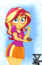 Size: 1990x3084 | Tagged: safe, artist:theretroart88, derpibooru import, sunset shimmer, equestria girls, blushing, breasts, cake, caught, clothes, dessert, eating, food, high res, messy eating, plate, shirt, skirt, solo, spoon