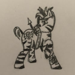 Size: 2151x2151 | Tagged: safe, artist:arkadios, zebra, fallout equestria, eyepatch, holster, one leg raised, pencil drawing, spear, traditional art