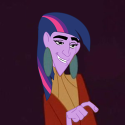 Size: 1252x1252 | Tagged: safe, derpibooru import, twilight sparkle, human, humanized, kuzco, nightmare fuel, purple background, simple background, solo, the emperor's new groove