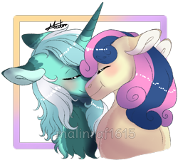 Size: 804x725 | Tagged: safe, artist:malinraf1615, derpibooru import, bon bon, lyra heartstrings, sweetie drops, earth pony, pony, unicorn, adorabon, alternate hairstyle, blushing, boop, chest fluff, cute, eyes closed, female, floppy ears, lesbian, lyrabetes, lyrabon, mare, noseboop, shipping, simple background, transparent background