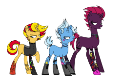 Size: 6000x4000 | Tagged: safe, artist:bonpikabon, artist:icey-wicey-1517, color edit, derpibooru import, edit, fizzlepop berrytwist, sunset shimmer, tempest shadow, trixie, pony, unicorn, collaboration, 666, bedroom eyes, boots, broken horn, choker, clothes, cloud, collar, colored, ear piercing, earring, eyebrow piercing, female, fishnets, flower, grin, hairclip, heart, heartbreak, horn, jacket, jewelry, leather jacket, lip piercing, looking at each other, mare, missing cutie mark, open mouth, piercing, punk, raised hoof, rose, scar, shoes, simple background, sleeveless, smiling, stockings, tail wrap, tattoo, thigh highs, thunder, transparent background, trio