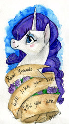 Size: 1073x1920 | Tagged: safe, artist:korppipoika, derpibooru import, rarity, pony, unicorn, abstract background, female, ribbon, solo, text, traditional art, watercolor painting