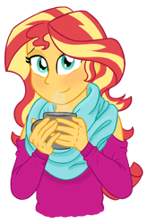 Size: 1842x2808 | Tagged: safe, artist:sugar-loop, derpibooru import, sunset shimmer, equestria girls, clothes, coffee, cute, digital art, female, looking at you, scarf, shimmerbetes, simple background, smiling, solo, transparent background