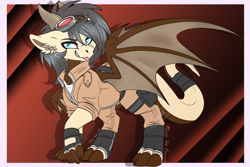 Size: 3000x2000 | Tagged: safe, artist:red_moonwolf, derpibooru import, oc, oc only, oc:auburn "dergy", dracony, dragon, hybrid, pony, goggles, male, mlem, outfit, silly, solo, spread wings, tongue out, wings