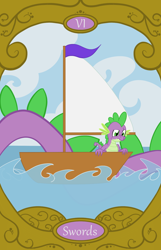 Size: 900x1400 | Tagged: safe, artist:sixes&sevens, derpibooru import, spike, dragon, sea serpent, sailboat, self dragondox, six of swords, tarot card, water