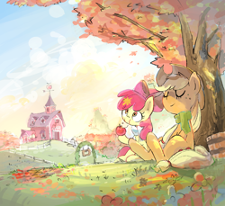 Size: 1750x1600 | Tagged: safe, artist:nendo, derpibooru import, apple bloom, applejack, earth pony, pony, apple, apple sisters, autumn, bandana, barn, bucket, clothes, cute, duo, eating, eyes closed, female, filly, food, leaves, mare, relaxing, scarf, scenery, siblings, sisters, sitting, smiling, sweet apple acres, tree