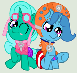 Size: 862x822 | Tagged: safe, artist:jadethepegasus, derpibooru import, glitter drops, spring rain, pony, unicorn, series:sprglitemplight diary, series:sprglitemplight life jacket days, series:springshadowdrops diary, series:springshadowdrops life jacket days, clothes, cute, female, glitterbetes, lesbian, lifeguard, lifeguard spring rain, paw patrol, shipping, skye (paw patrol), springbetes, springdrops, zuma (paw patrol)