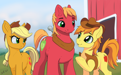 Size: 2052x1279 | Tagged: safe, artist:xbi, derpibooru import, applejack, big macintosh, braeburn, earth pony, pony, barn, brother and sister, clothes, cousins, cowboy hat, female, hat, horse collar, male, mare, siblings, stallion, talking, trio, underhoof, vest