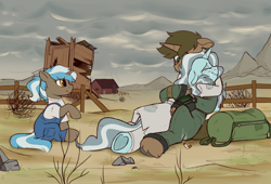 Size: 2500x1700 | Tagged: safe, artist:crimmharmony, derpibooru import, oc, oc only, pony, unicorn, fallout equestria, bag, cigarette, clothes, commission, crying, emotional, female, fence, foal, heart, heart hoof, hug, male, mare, mountain, outhouse, overalls, pipbuck, scenery, stallion, tumbleweed, wasteland