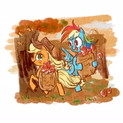 Size: 2048x2048 | Tagged: safe, artist:laya-21, derpibooru import, applejack, rainbow dash, earth pony, pegasus, pony, apple, appledash, female, food, leaves, lesbian, shipping, tree