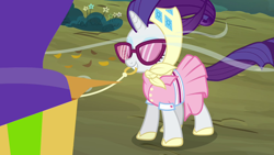 Size: 1280x720 | Tagged: safe, derpibooru import, screencap, rarity, pony, unicorn, sleepless in ponyville, camping outfit, clothes, dress, female, mare, solo, tent, wind