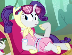 Size: 1108x847 | Tagged: safe, derpibooru import, screencap, rarity, sweetie belle, pony, unicorn, sleepless in ponyville, camping outfit, clothes, cropped, dress, female, mare, solo, solo focus, sunglasses