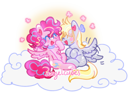 Size: 1280x926 | Tagged: safe, artist:angelcubes, derpibooru import, derpy hooves, pinkie pie, earth pony, pegasus, pony, alternate hairstyle, bow, cloud, coat markings, collar, duo, happy, laughing, on a cloud, pigtails, race swap, ribbon, signature, simple background, stimming, sunny, transparent background, watermark