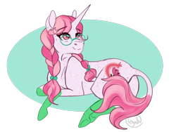 Size: 1600x1200 | Tagged: safe, artist:inyah, derpibooru import, oc, oc only, oc:lotus wishes, unicorn, braid, freckles, glasses, horn, leonine tail, simple background, solo, transparent background, unicorn oc