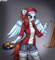 Size: 2910x3147 | Tagged: safe, artist:maxiclouds, derpibooru import, oc, oc:cloud fly, anthro, pegasus, clothes, easel, female, paintbrush, palette, shorts, skirt, smiling, socks, solo, striped socks, wings