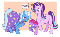 Size: 1488x915 | Tagged: safe, artist:cherivinca, derpibooru import, starlight glimmer, trixie, pony, unicorn, blushing, bouquet, female, flower, glowing horn, horn, lesbian, shipping, startrix