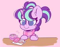 Size: 2799x2187 | Tagged: safe, artist:kittyrosie, derpibooru import, starlight glimmer, pony, unicorn, chocolate, clothes, colored pupils, cute, donut, female, filly, filly starlight glimmer, food, glimmerbetes, hot chocolate, marshmallow, mug, pigtails, scarf, solo, younger