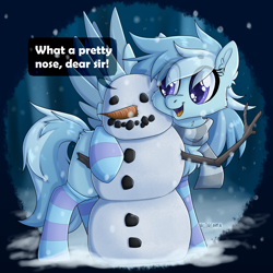 Size: 2000x2000 | Tagged: safe, artist:dreamy, artist:littledreamycat, derpibooru import, oc, oc only, pegasus, big eyes, carrot, clothes, cute, female, food, high res, mare, oc needed, scarf, snow, snowfall, snowman, socks, solo, stockings, striped socks, thigh highs, winter