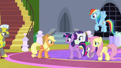 Size: 1920x1080 | Tagged: safe, derpibooru import, screencap, applejack, fluttershy, rainbow dash, rarity, spike, twilight sparkle, twilight sparkle (alicorn), alicorn, dragon, earth pony, pegasus, pony, unicorn, the ending of the end, royal guard, winged spike