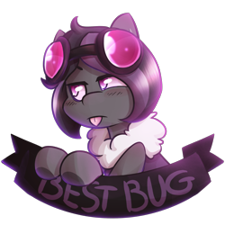 Size: 4000x4000 | Tagged: artist needed, safe, derpibooru import, oc, oc only, oc:mimicry, changeling, original species, female, goggles, purple changeling, simple background, solo, tongue out, transparent background