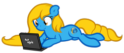 Size: 1280x555 | Tagged: safe, artist:furrgroup, derpibooru import, oc, oc:internet explorer, pony, ask internet explorer, browser ponies, computer, internet explorer, laptop computer, lying down, prone, simple background, solo, transparent background