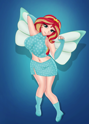 Size: 1739x2419 | Tagged: safe, artist:anonix123, derpibooru import, sunset shimmer, human, equestria girls, bloom, bloom (winx club), boots, breasts, clothes, cosplay, costume, crossover, crown, fairy, fairy wings, fairyized, fingerless gloves, gloves, high heel boots, high heels, human coloration, jewelry, magic winx, regalia, shoes, sunset jiggler, wings, winx club